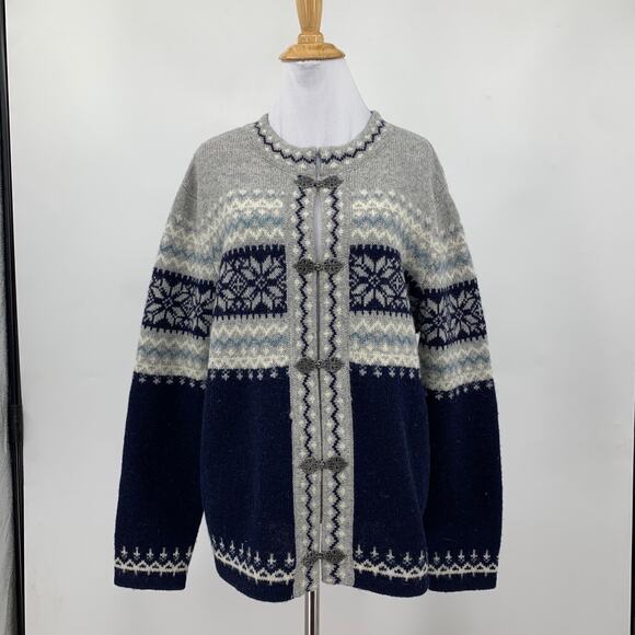 Susan Bristol Cardigan Womens M Medium Grey Navy Fair Isle Wool Metal Clasps - Picture 2 of 14